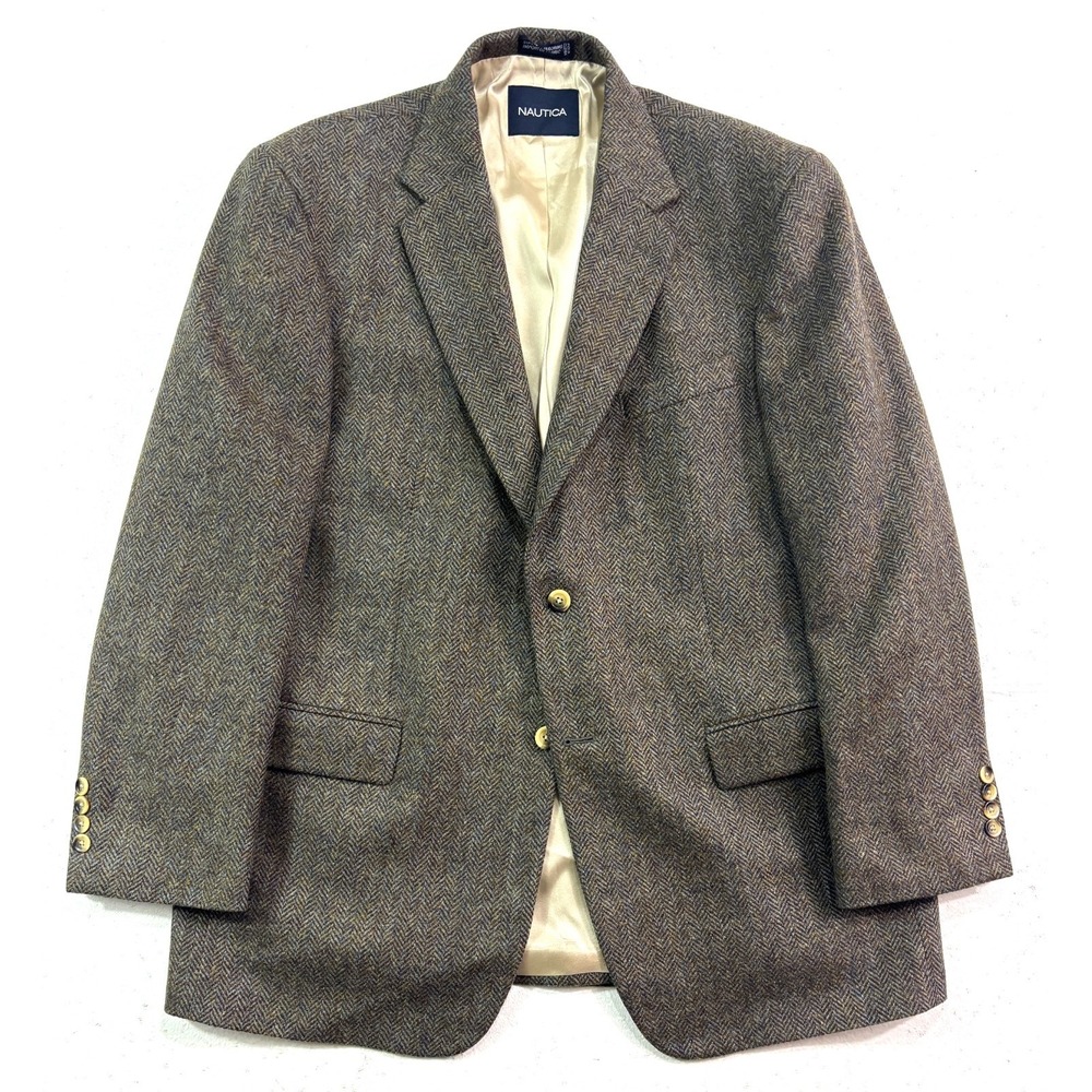vtg Nautica 44R Brown Herringbone Tweed Blazer Jacket Sport Suit‎ Coat 100% Wool